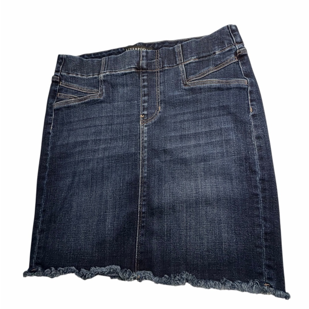 Liverpool Women's Stretch Denim Frayed Hem Skirt - Dark Wash Sz 6